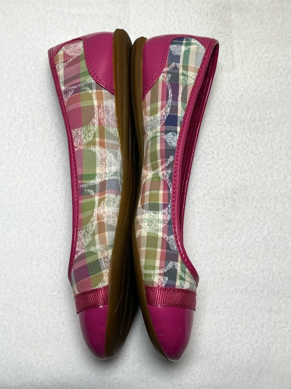 Coach Pink Plaid Cap-Toe Ballet Flats with Logo Ribbon - Picture 7 of 13